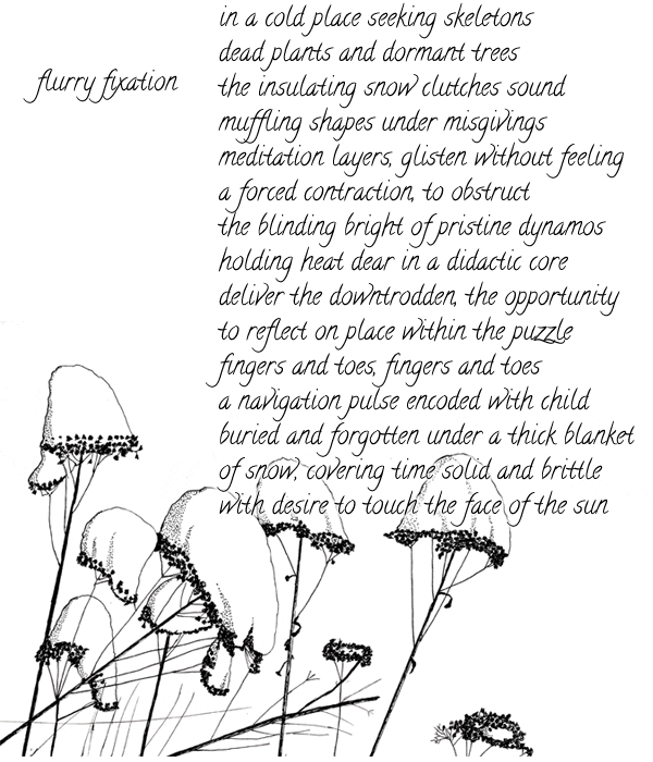 drawing of dried sedum flowers with snow on top and poem