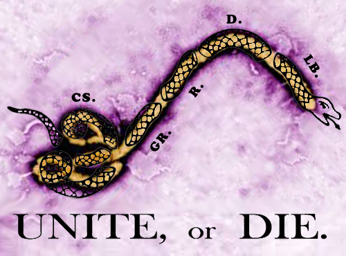 composite digital photographs of unite or die ben franklin ebola and US political parties assembled from the web